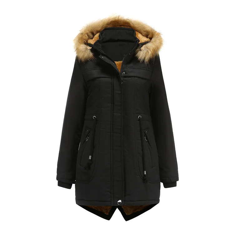 Women's Cotton-Padded Jacket Fleece mid-Length Detachable Hood Fur Collar Winter Warm Plus Fleece Coat Cotton Jacket