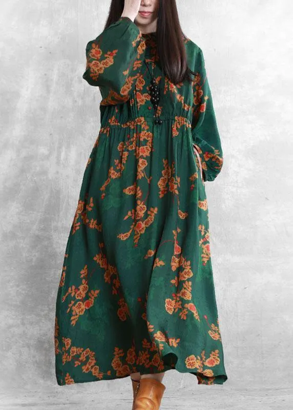 Bohemian stand collar Cinched quilting clothes Fabrics green print Kaftan Dresses