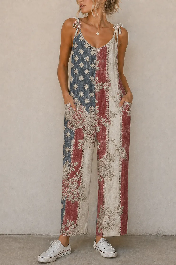 Women&rsquo;s Distressed Flag Patchwork Print Suspender Jumpsuit