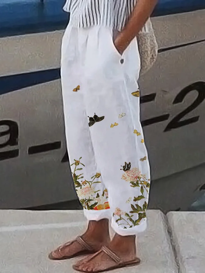 Women's Cotton Linen Butterfly and Floral Print Track Pants