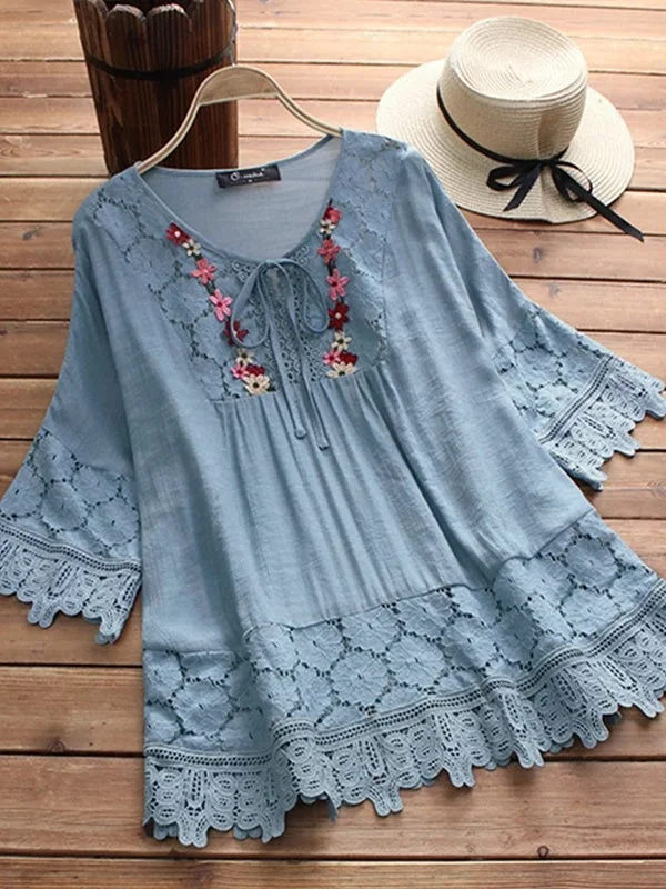 Women's 3/4 Sleeve V-neck Lace Embroidery Tops