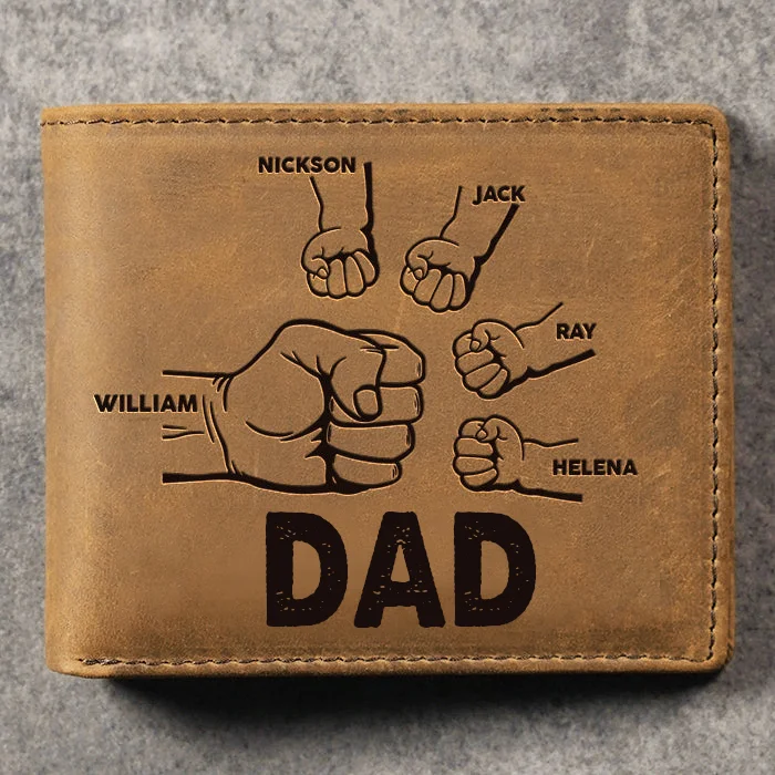 5 Names-Personalized Leather Mens Wallet Engraved 5 Names Fist Bump Folding Wallet Set With Gift Card Gift Box Father's Day Gifts