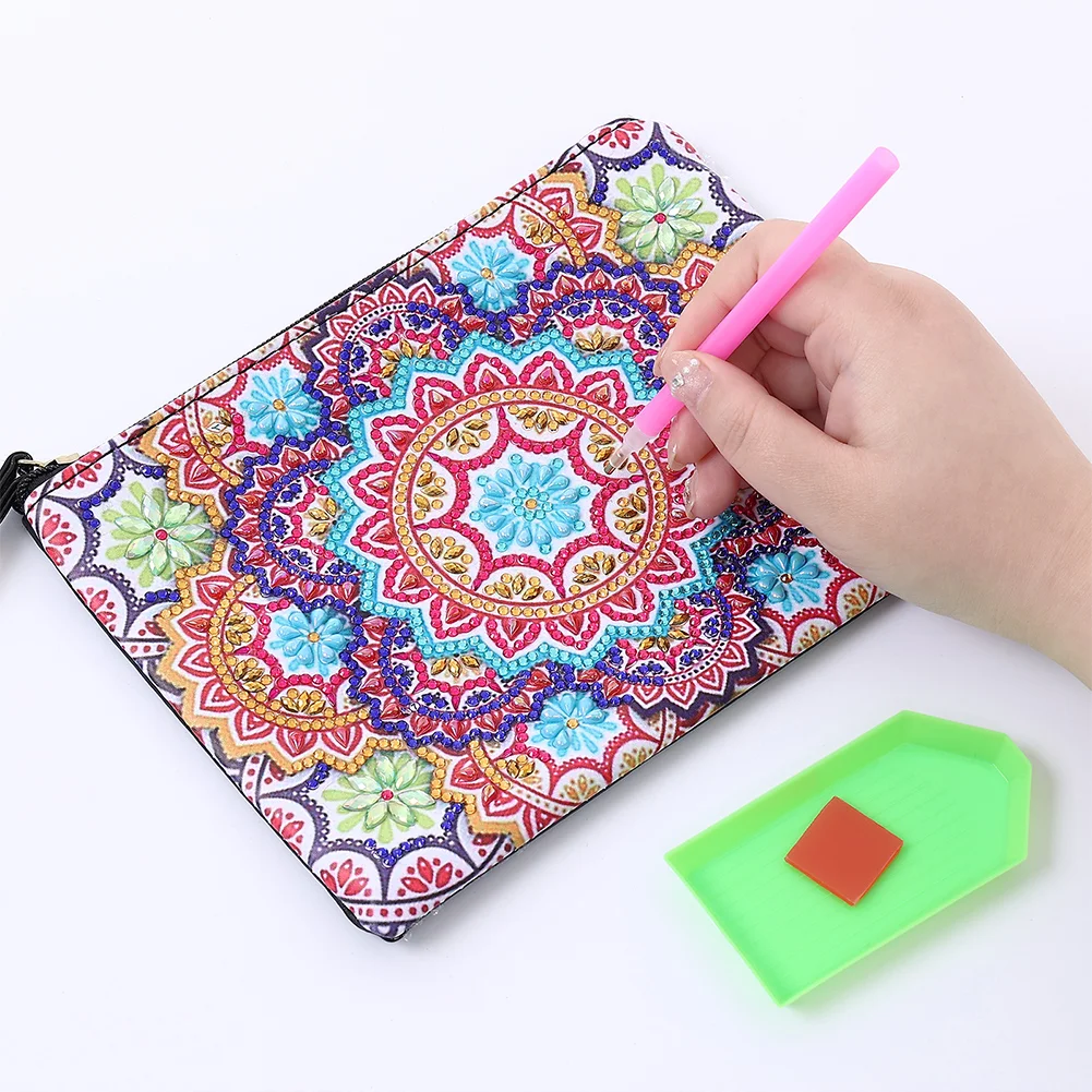 DIY Mandala Diamond Art Cosmetic Bag Flowers Single Sided PU Women Clutch