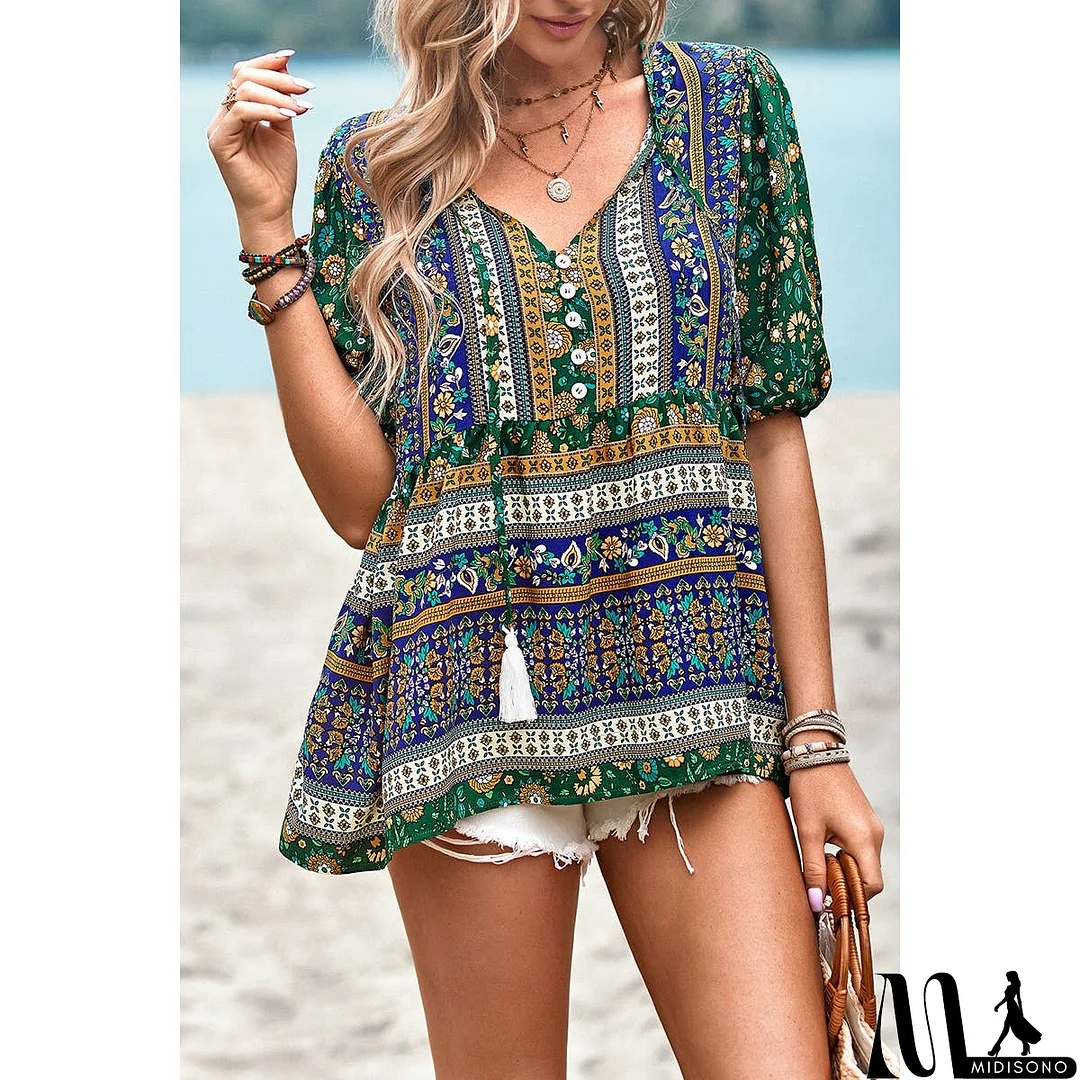 MidiSono - Floral Print Button Deep V Color Block Loose Fit Top