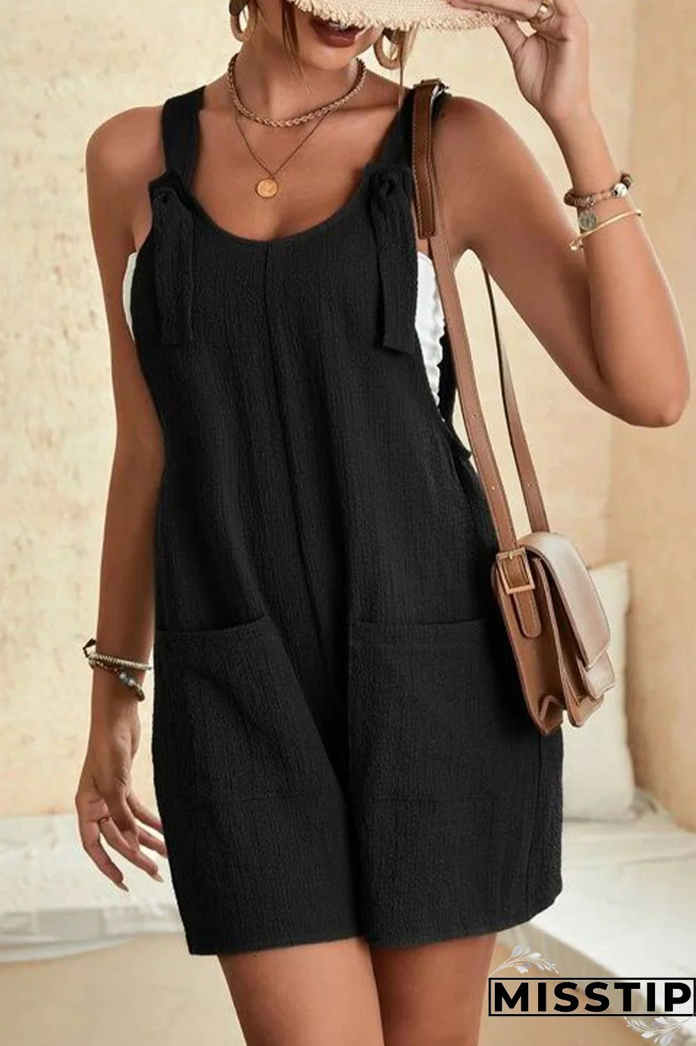 Black Casual Simplicity Solid Pocket U Neck Loose Jumpsuits