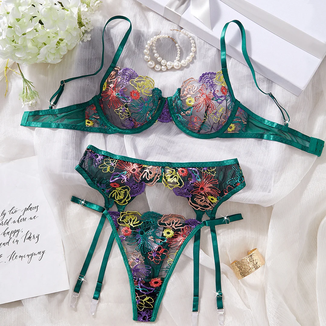 Uaang Autumn New Transparent Seduction Color Embroidery Mesh Splicing Sexy Lingerie Three Sets