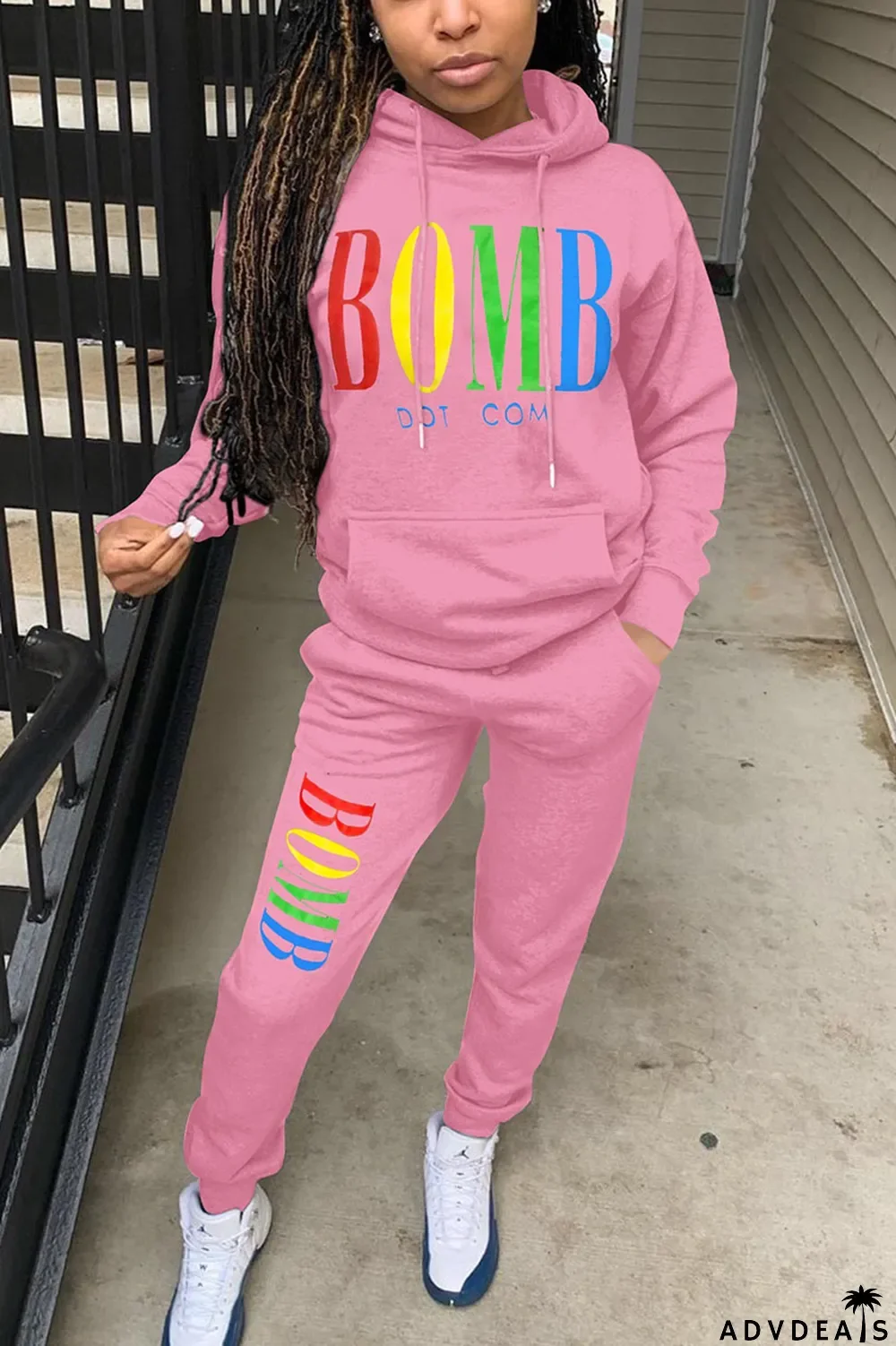 Pink British Style Polyester Print Hooded Collar Long Sleeve Regular Sleeve Regular Two Pieces