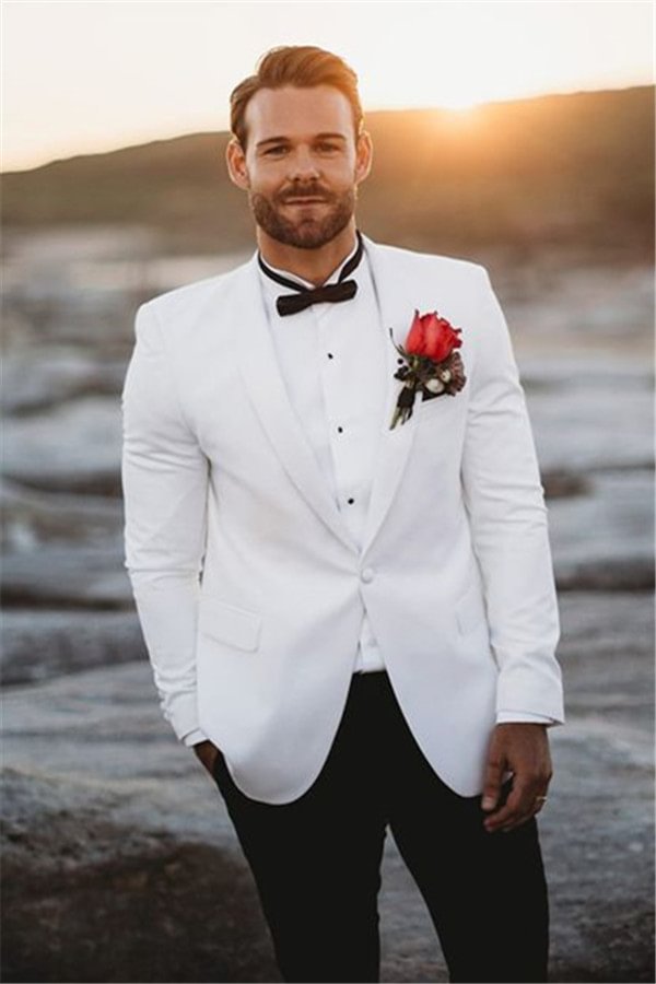 Chic White Slim Fit Mens Wedding Suits Groom Tuxedos Two Pieces Groomsmen Wear | Ballbellas Ballbellas