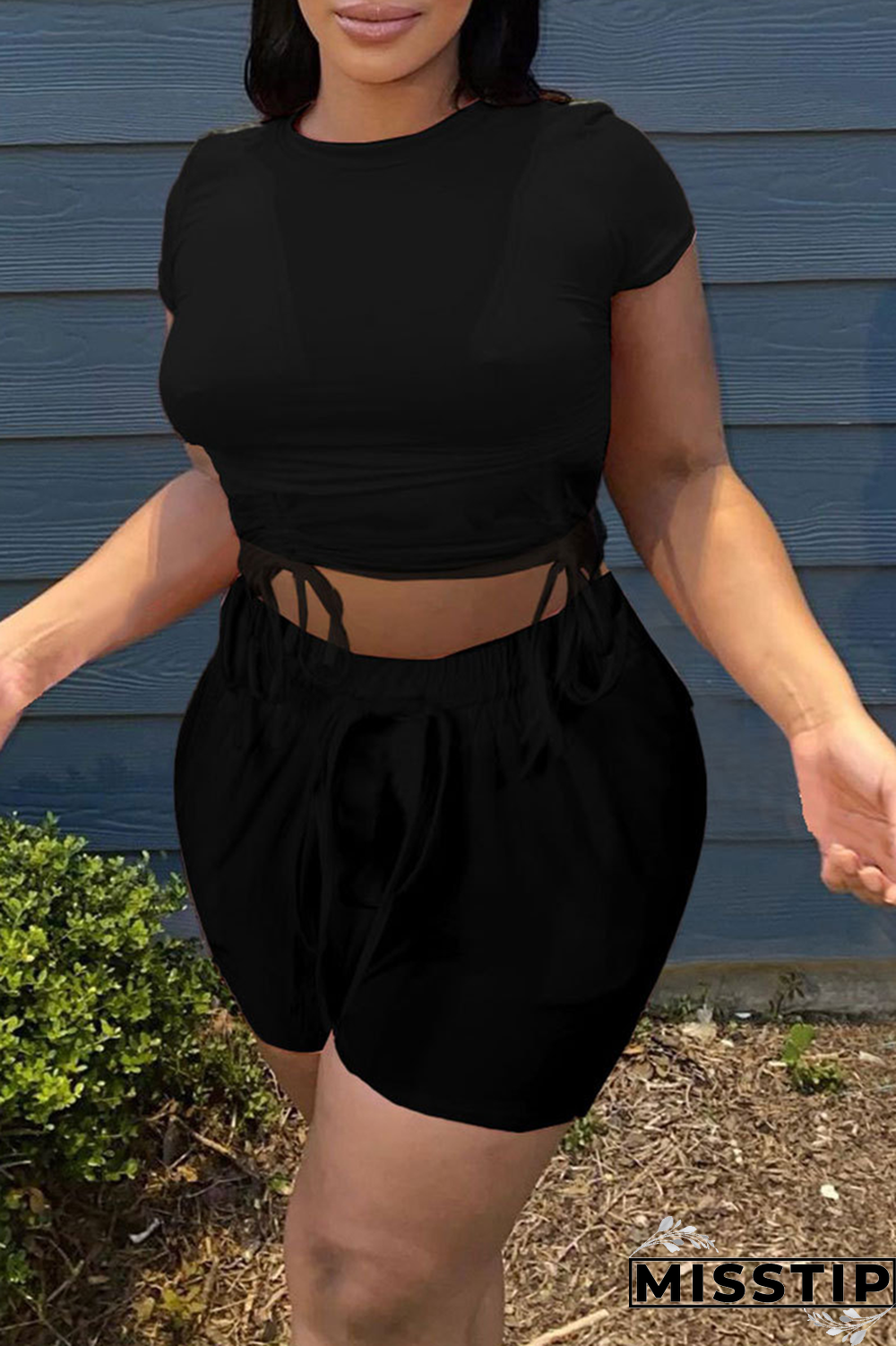 Black Fashion Solid Draw String O Neck Short Sleeve Two Pieces
