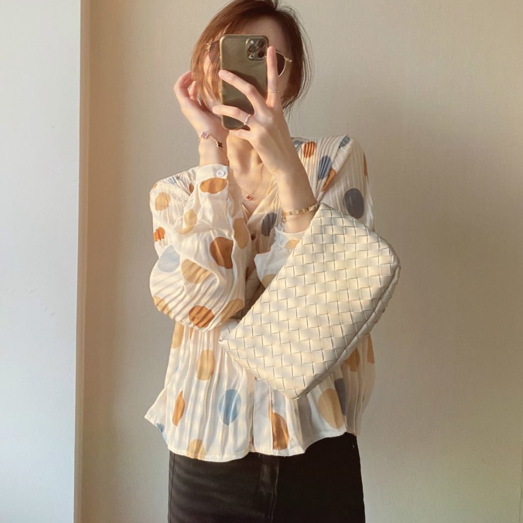 Blouses Women Cozy Loose Polka Dot Chiffon Retro New Collection Outerwear V-neck Summer Female Ulzzang Student Lightweight Tops