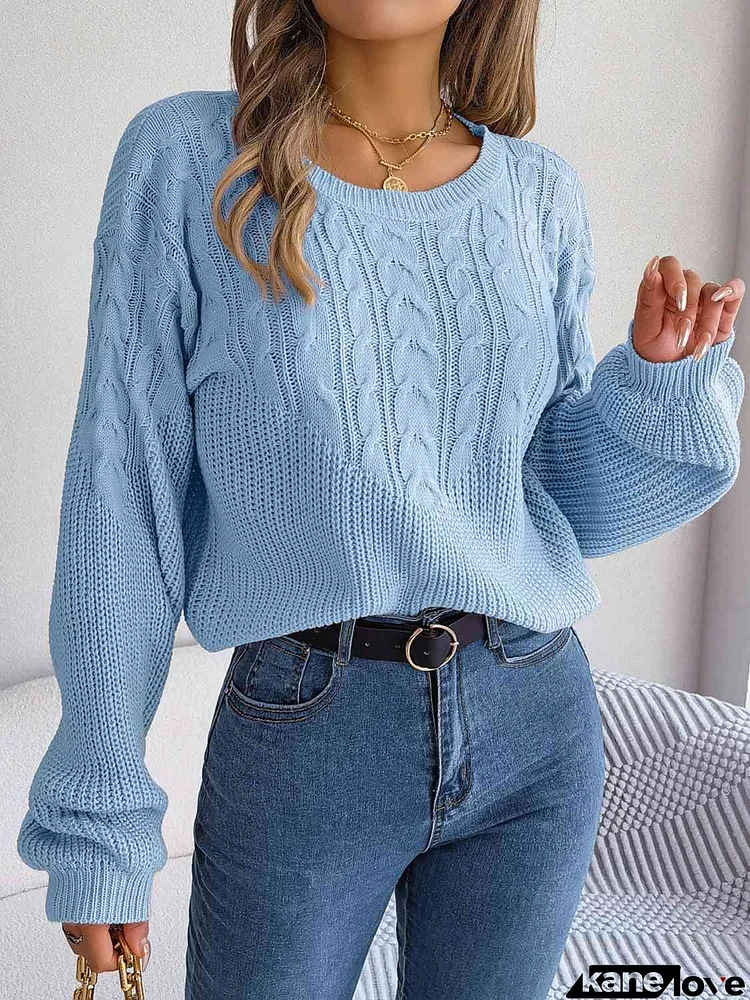 Cable-Knit Round Neck Drop Shoulder Sweater