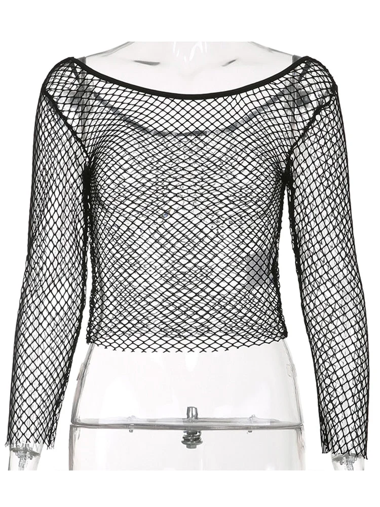 Sweetown Hollow Out See Through Sexy Slash Neck Fishnet Mesh T-Shirts Women Cute Club Outfits Off Shoulder Long Sleeve Crop Tees