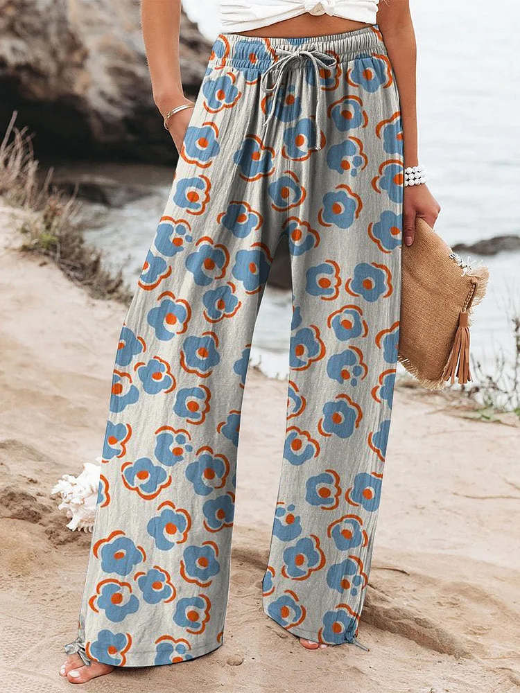 Women's Vintage Floral Art Printed Cotton And Linen Casual Pants