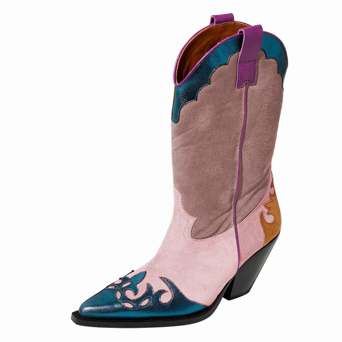 Pink Faux Suede Pointy Toe Block Heel Mid-Calf Leaf Cowgirl Boots Nicepairs