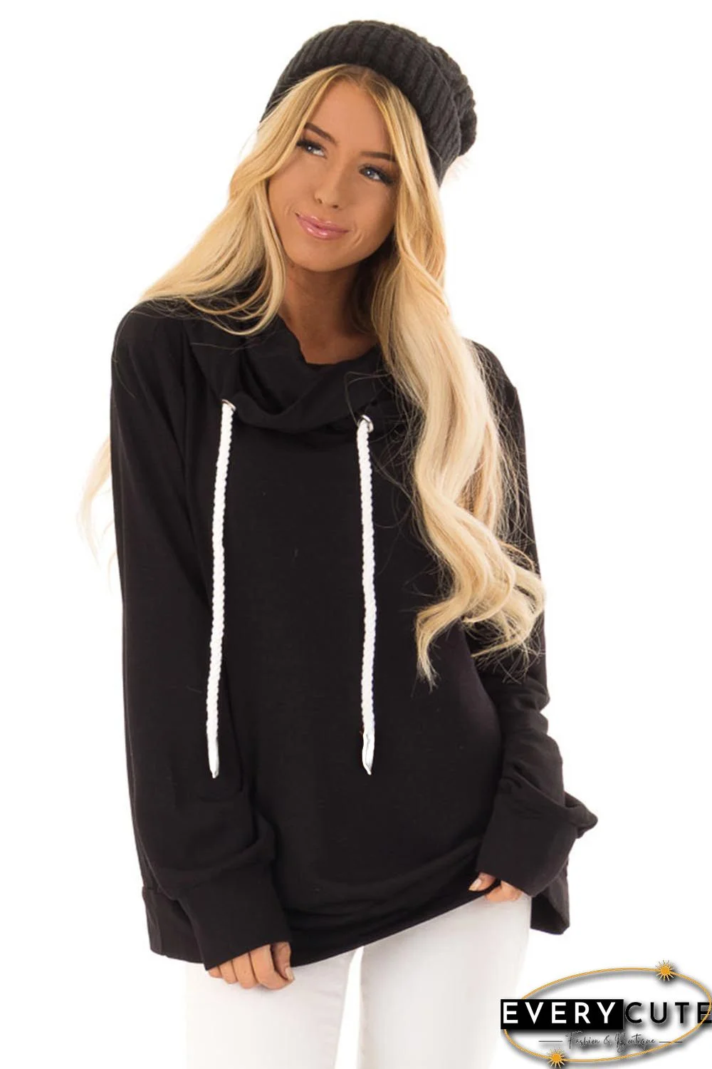 Black Long Sleeve Hoodie with Rope Drawstring