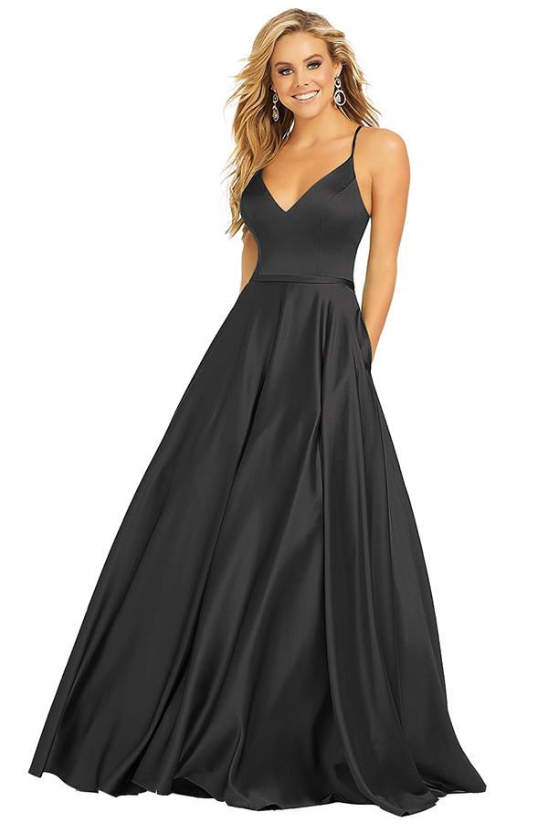 Spaghetti-Straps V-Neck Pockets Bridesmaid Dress