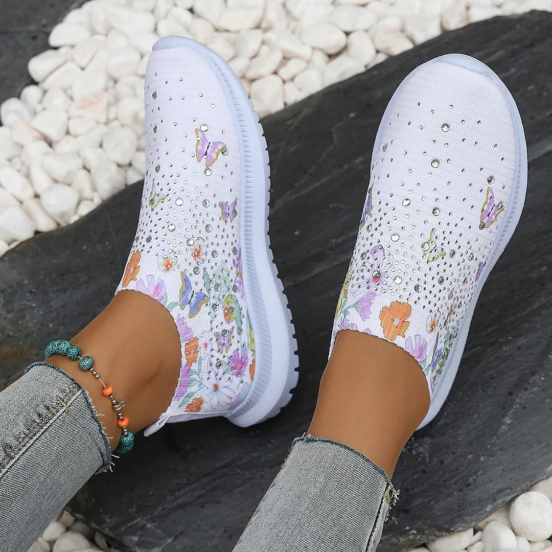 Yyvonne Women's Shoes Spring Breathable Sports Casual Shoes Water Drill Rainbow Shiny Flying Shoes Thick-Soled Running Shoes Women