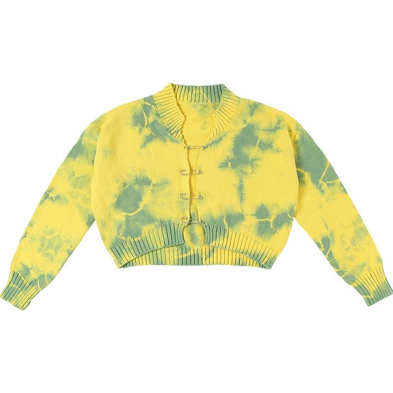 Sexy Women Tie Dye Sweaters Vintage Breastpin Button Pullovers Jumper Long Sleeve Loose Crop Sweaters Casual Cardigan Sweater