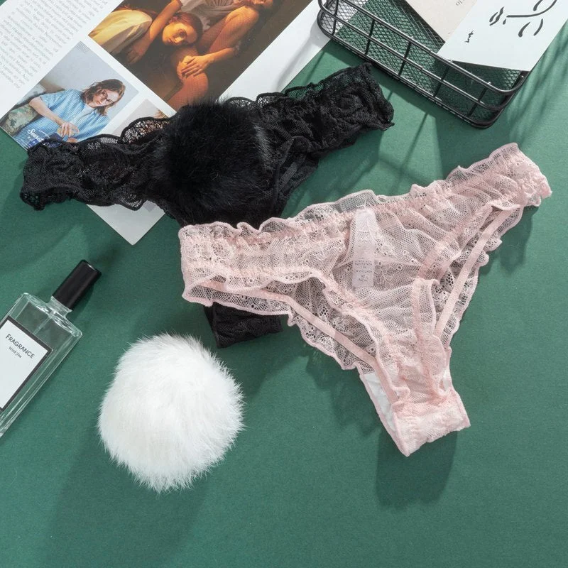 Sexy Lace Thong Women's Panties Underpants Breathable Female Transparent Fashion Detachable Hair Ball Lady G-string Briefs