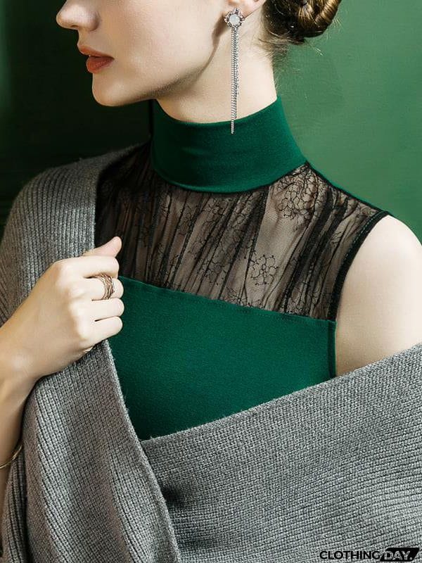 Stylish Selection Skinny Sleeveless Mesh Split-Joint Half Turtleneck Vest Top