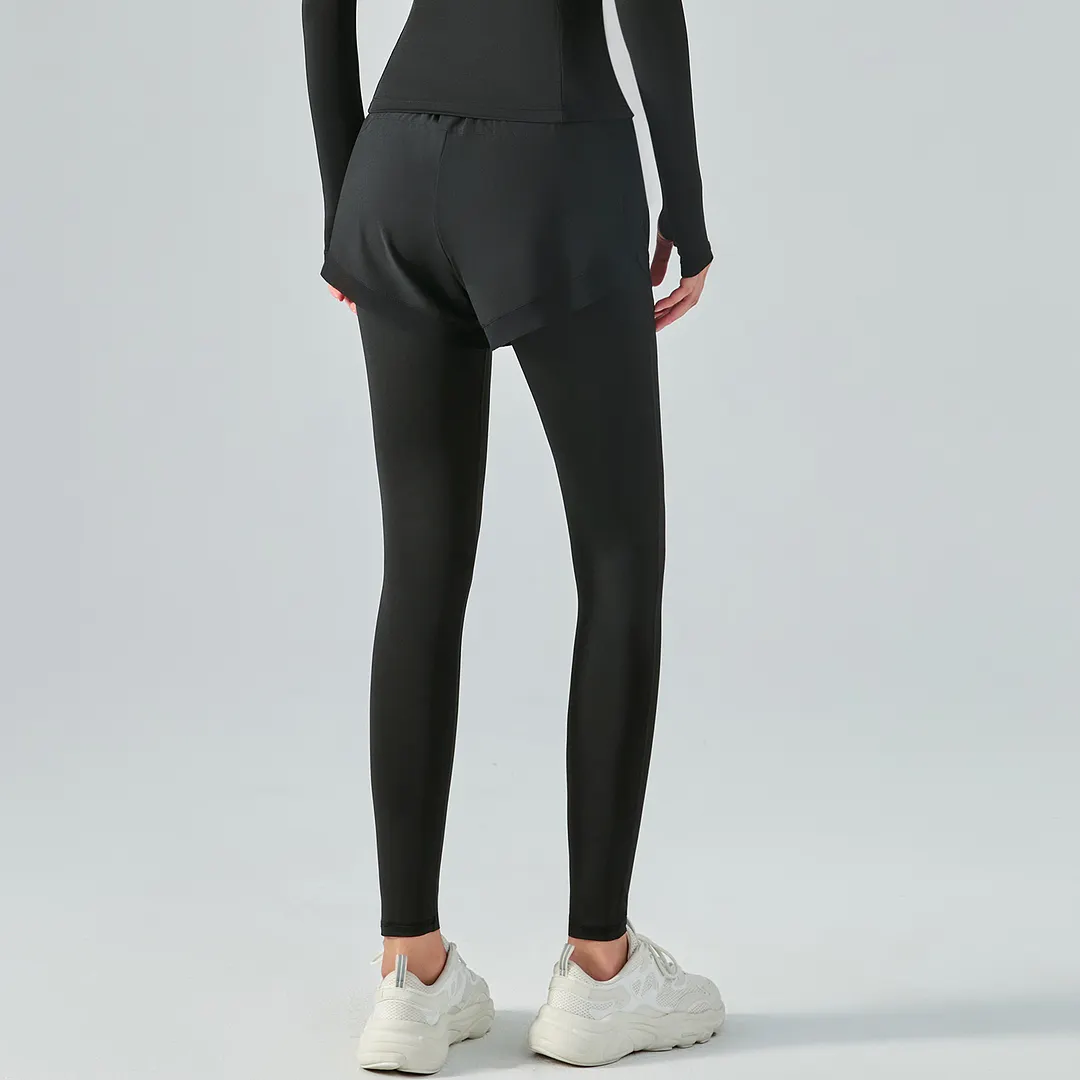 Buy Hergymclothing Black fake 2 pieces high waist butt lifting pocket yoga leggings with shorts online