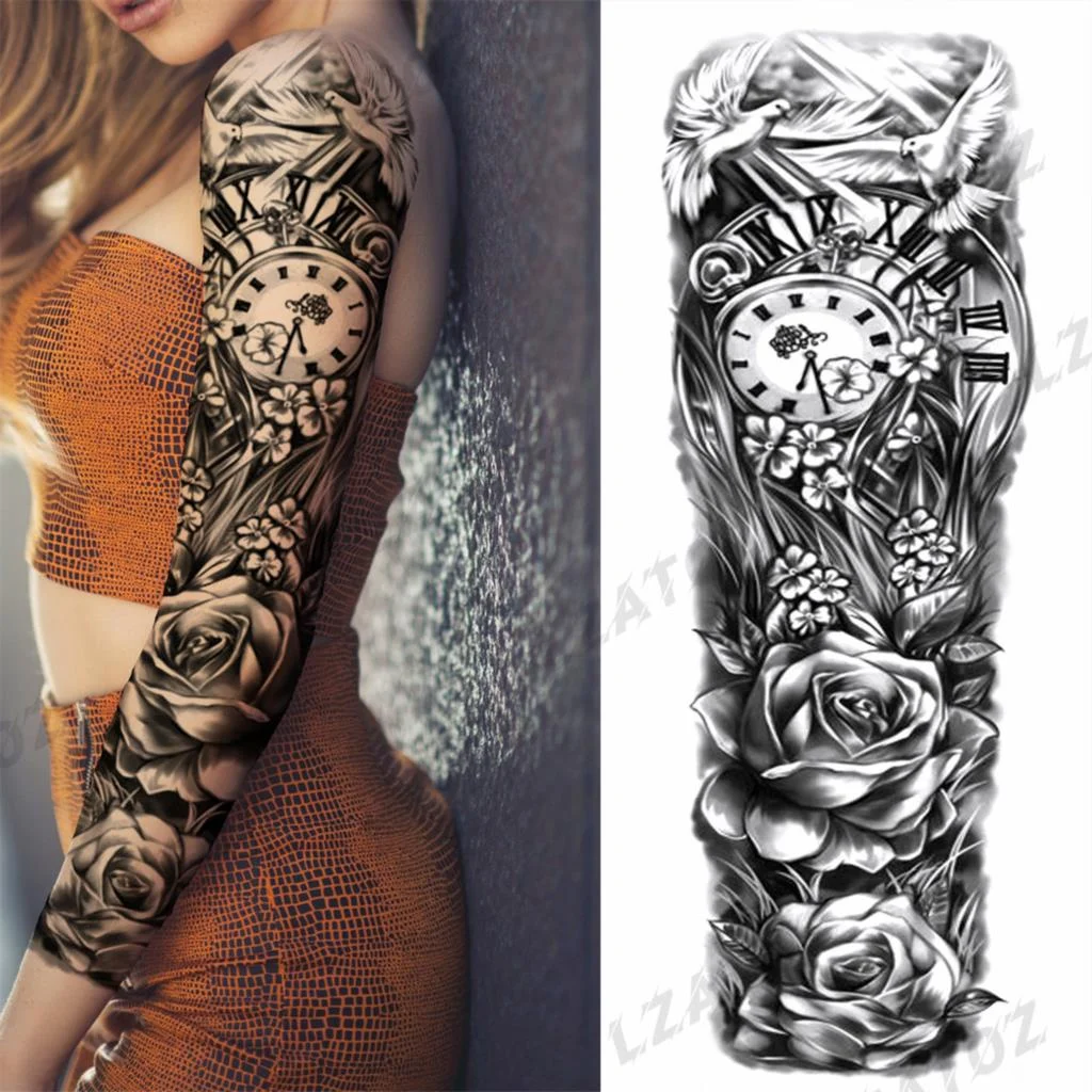 Sdrawing Sleeve Temporary Tattoos For Men Women Realistic Pirate Ship Wolf Tiger Skull Rose Flower Fake Tattoo Sticker Arm Tatoos