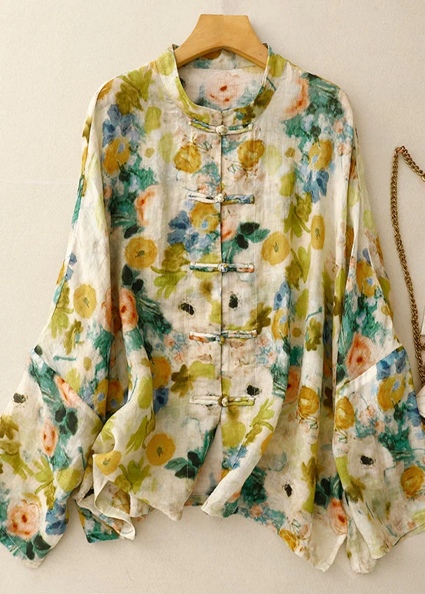 Art Green Print Chinese Button Linen Shirts Spring