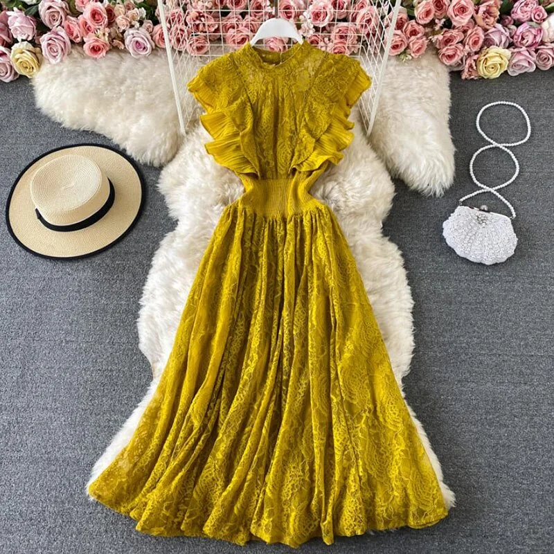 2021 Summer Dress Women Sleeveless O-neck Slim Lace Dresses High waist Lady Elegant Ruffle Long Dress Party Vestidos