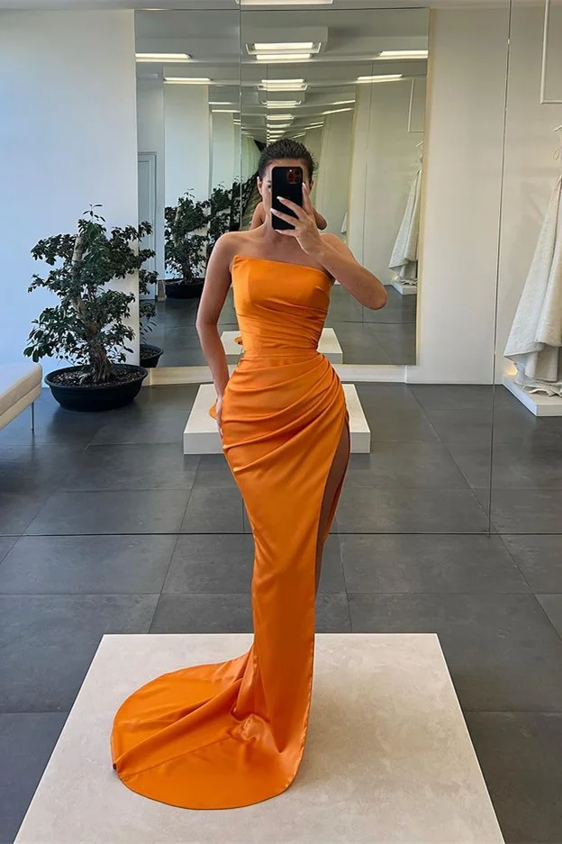 Orange Strapless Long Mermaid Evening Dress With Split c2701