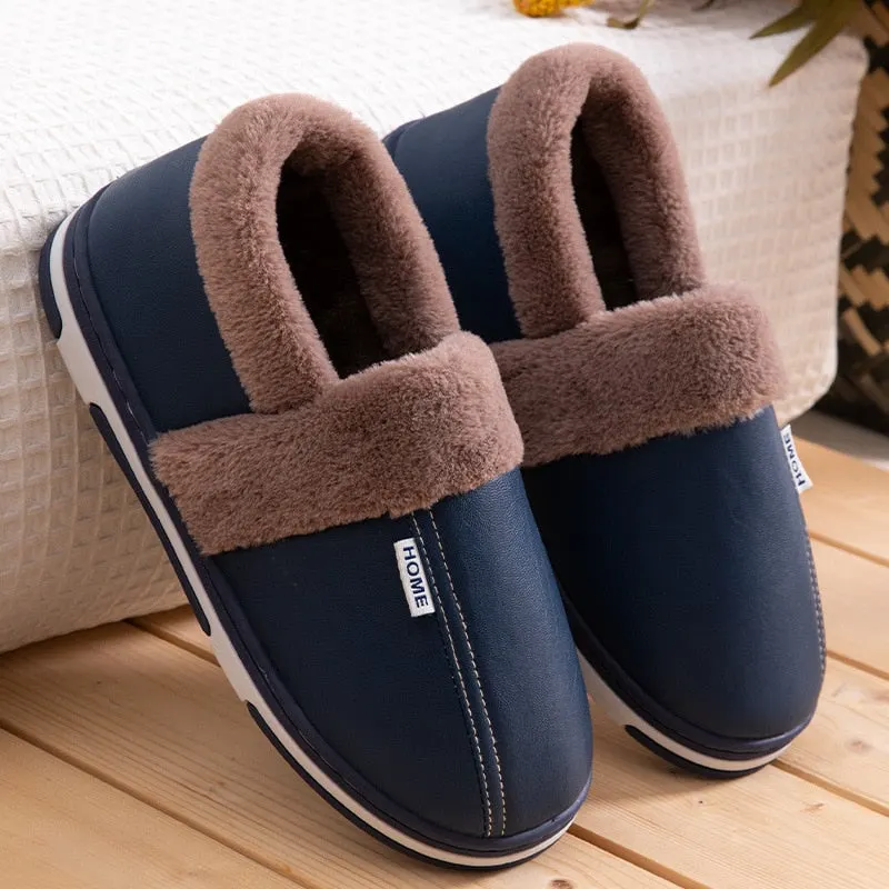 Men Shoes PU Leather Slippers Men's Indoor Home Warm Shoes Waterproof Non-Slip Cotton-Padded Solid Color Slipper Shoes