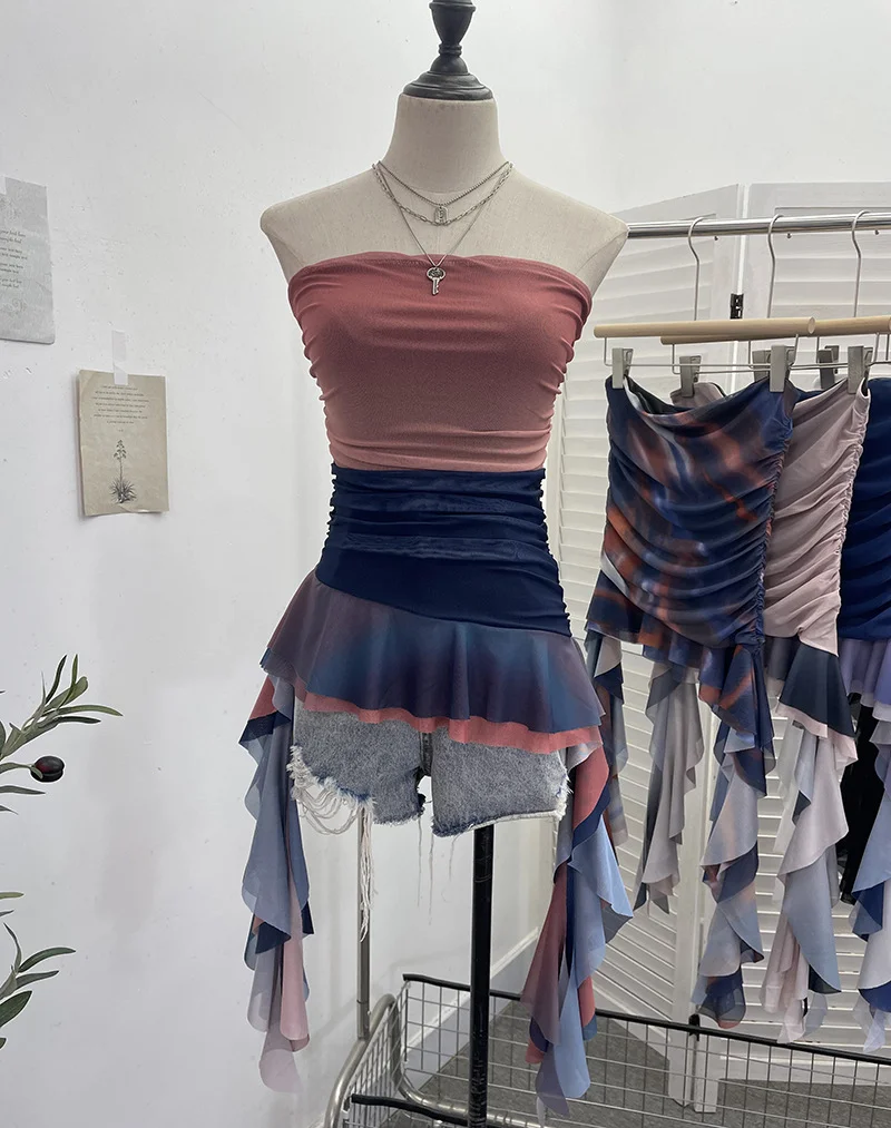 Brownm Irregular Bra Vest Wearing A Gradient Mesh Yarn Leaf Side Ribbon Bottom Sleeveless Top Lady 9931