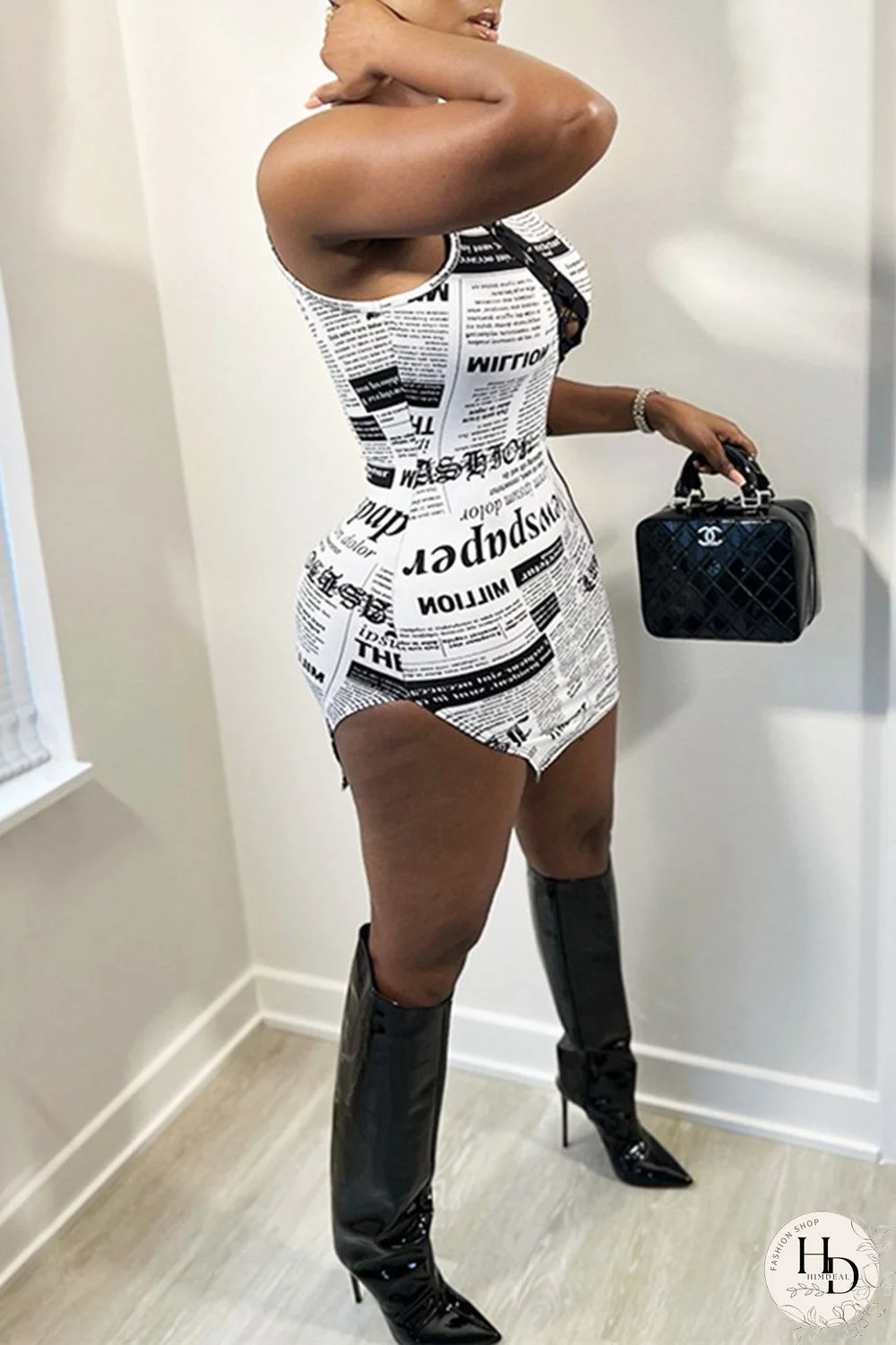 Black White Fashion Sexy Print Bandage Hollowed Out O Neck Sleeveless Dress