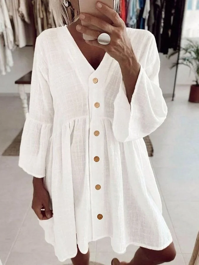 Women's Casual Solid Color V-Neck Three-quarter Sleeve Button Stitching Cotton and Linen Dress