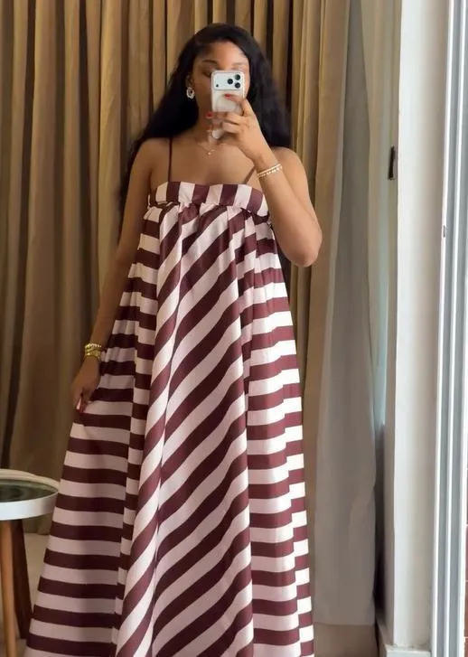 Diagonal Stripe Off Shoulder Spaghetti Strap Maxi Dress Loose Flowy Casual Campus Daily Dress