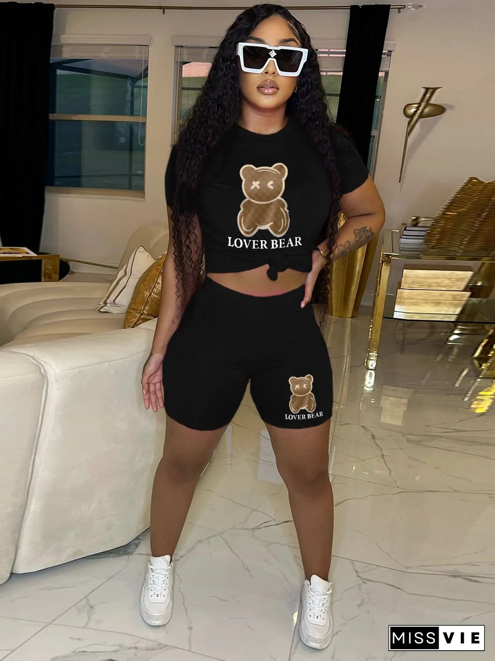 Cartoon Bear Print Black T Shirt Shorts 2 Piece Set