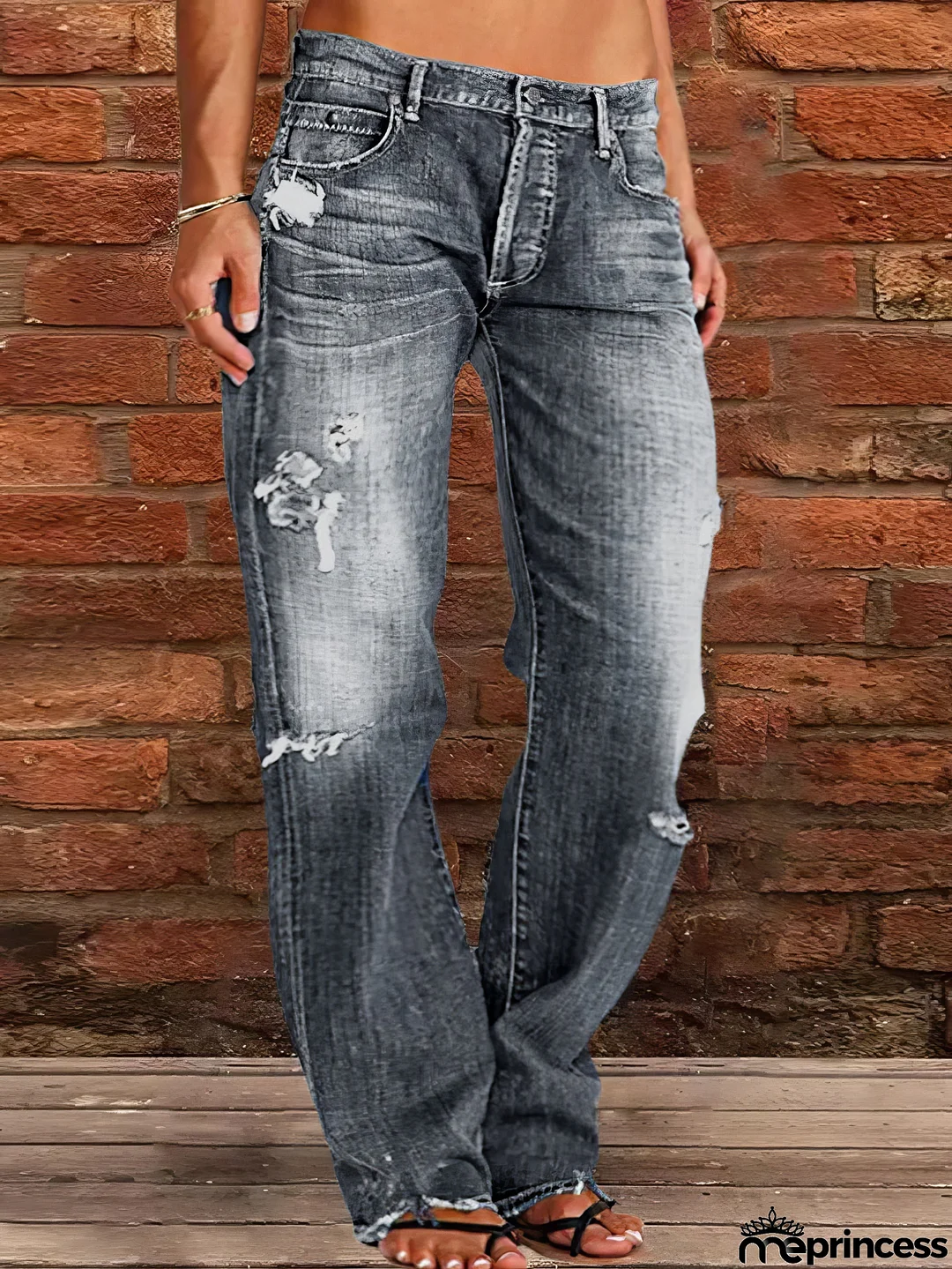Stretch Ripped Washed Casual Straight Jeans