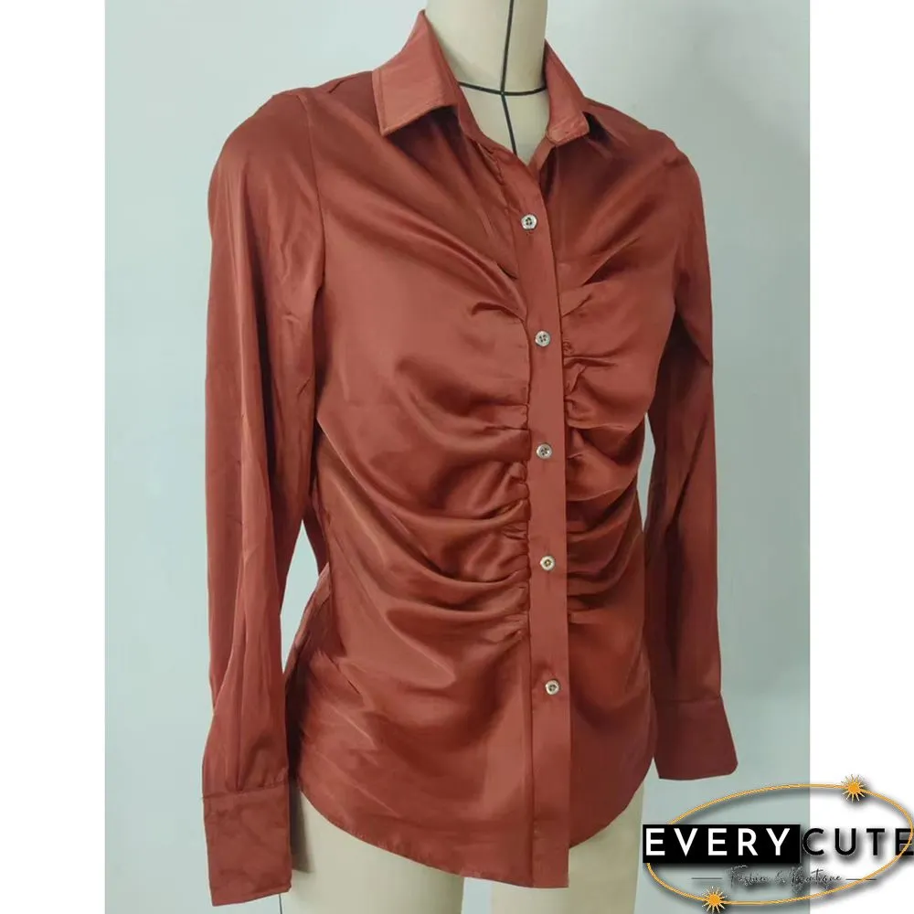 Beige Pleated Button Long Sleeve Shirt