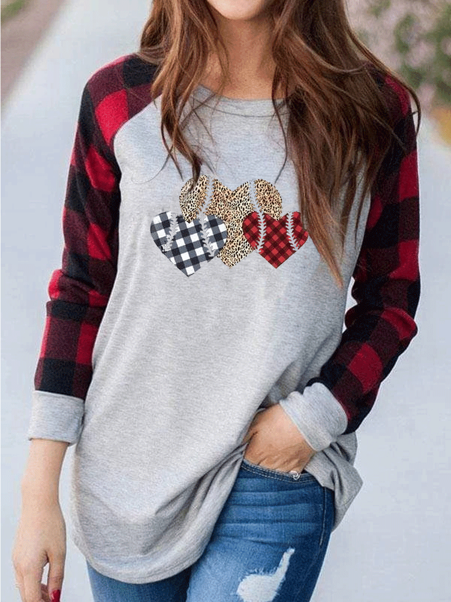 Leopard heart baseball plaid T-shirt
