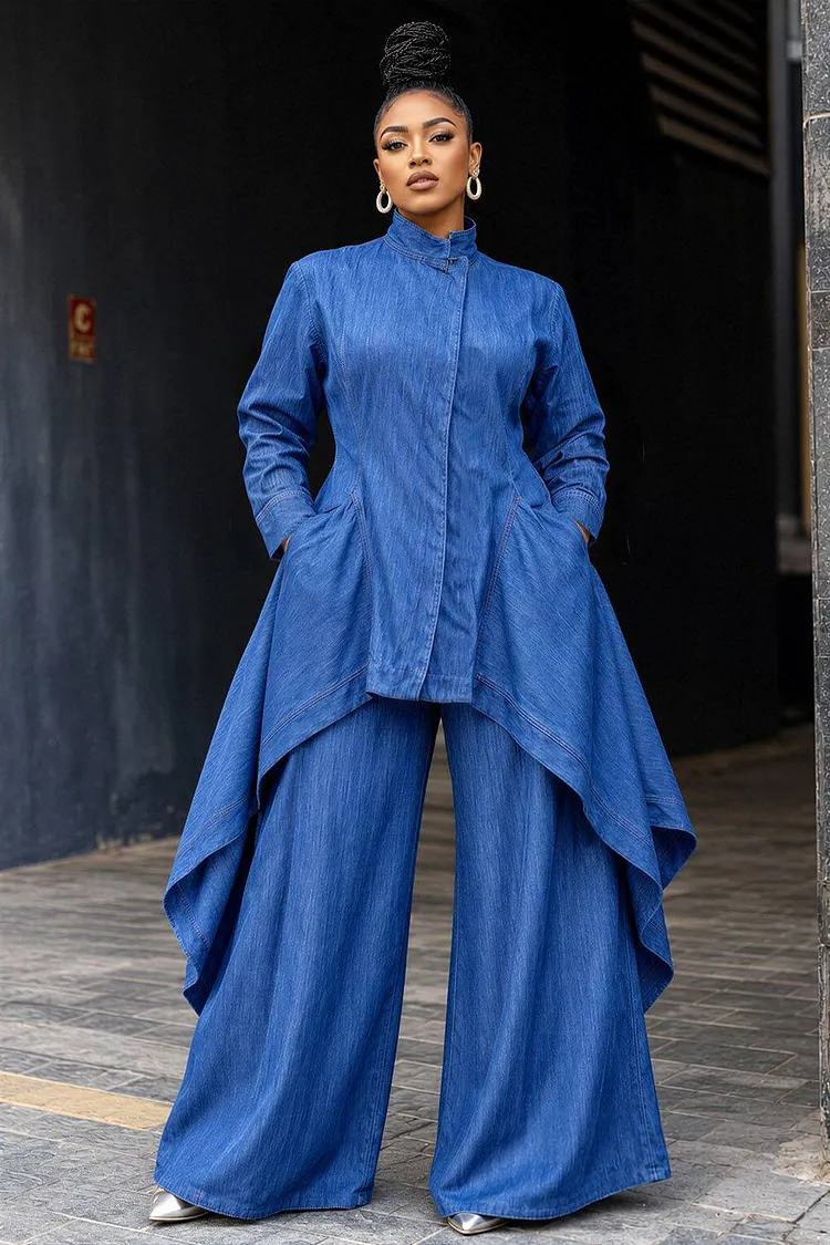 Xpluswear Design Plus Size Business Casual Blue Mock Neck Long Sleeve Pocket Asymmetric Hem Irregular Hem Tencel Denim Two Piece Pant Sets [Pre-Order] 2024 - Xpluswear
