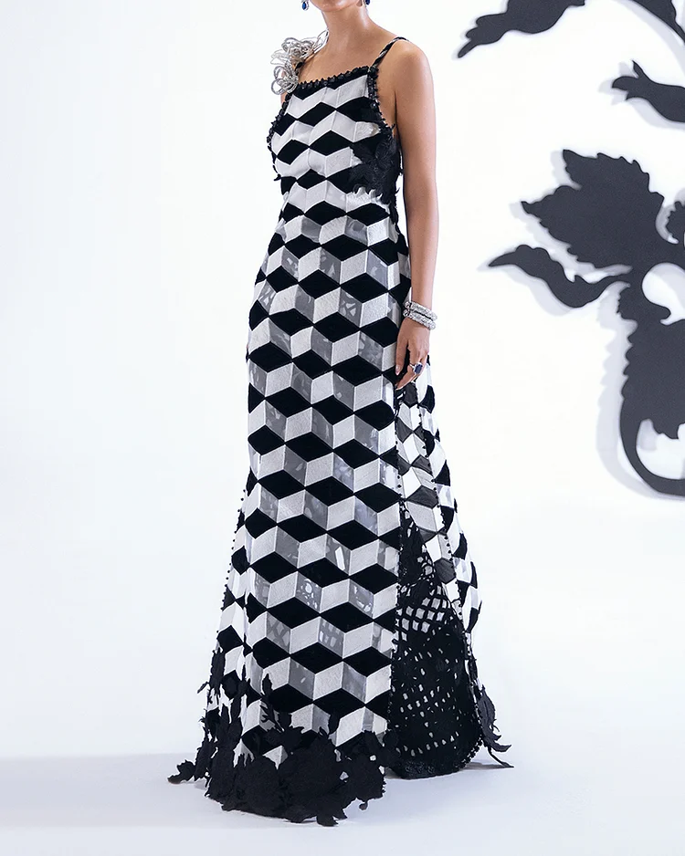 Black and White Check Print Lace Slip Dress
