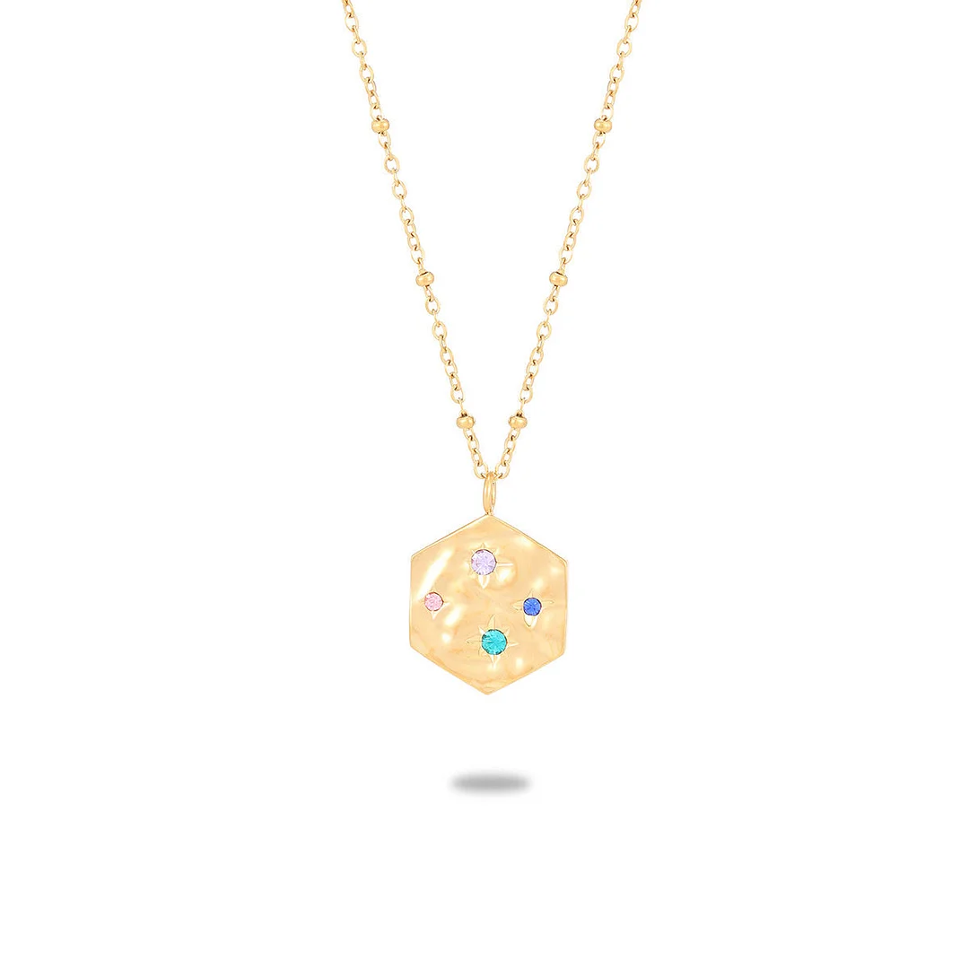 Hexagonal Embossed Color Diamond Stainless Steel Necklace
