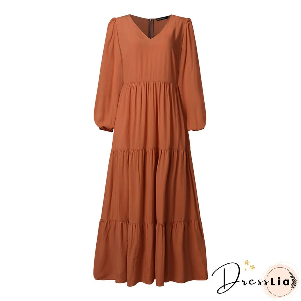 ZANZEA Stylish Ruffle Maxi Dress Casual Puff Sleeve Tunic Vestidos Female Solid Robe Women's Autumn Sundress