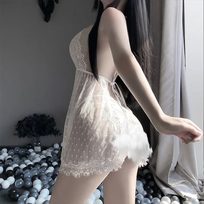 OJBK 2 Colors Sexy Transparent Mesh Lace Wave Point Women's Underwear Halter Backless Split Erotic Lingerie for Sex Plus Size