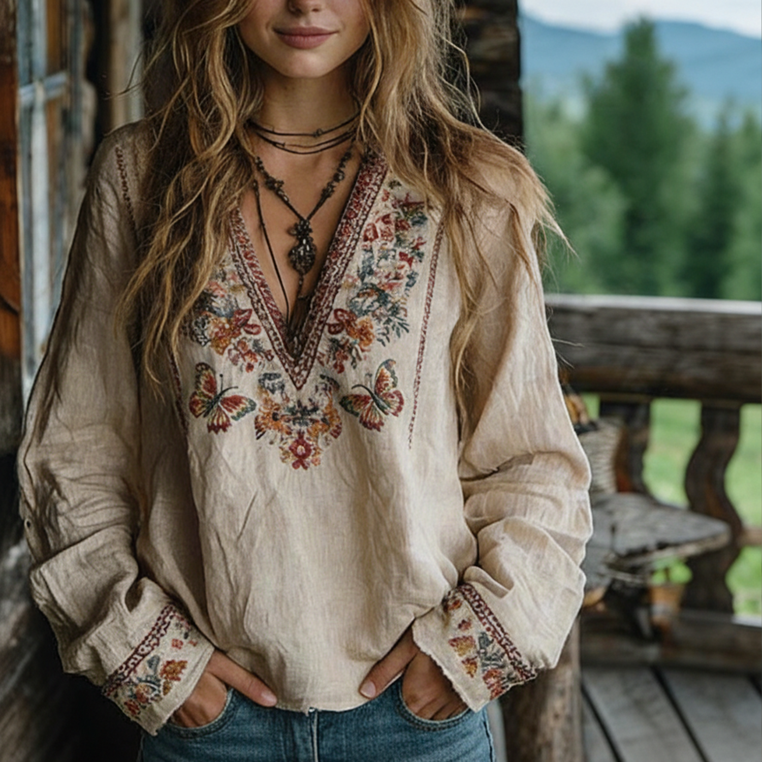 Cotton Blend Embroidered Boho Shirt For Women Long Sleeve V-Neck Loose Fit Casual Top With Lace Detailing - Helixace