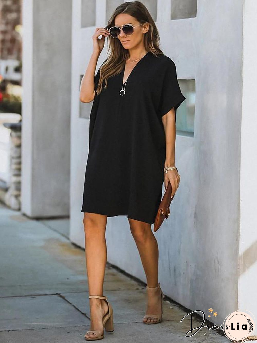 Women's Shift Dress Knee Length Dress Short Sleeve Solid Color Patchwork Fall Summer Hot Streetwear Oversized Black Wine S M L XL XXL Black Dresses