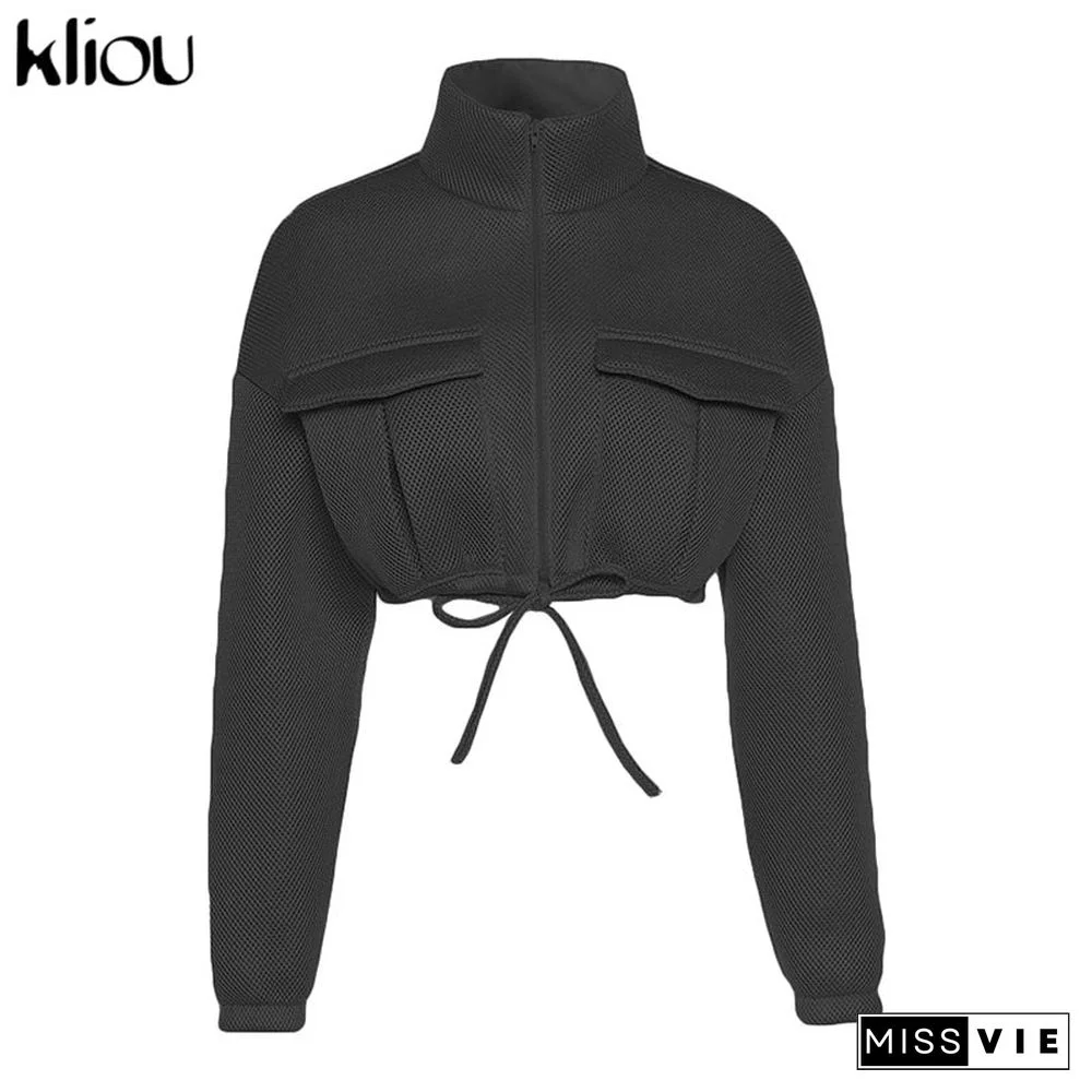 Kliou Mesh Plaid Autumn Spring Coat Women Trend Turtleneck Zipper Pocket Crop Jacket Solid Slim Drawstring Female Outerwear Hot