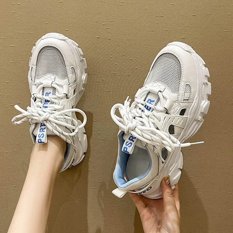 CXJYWMJL 2021 Summer Breathable Sneakers Shoes For Women Vulcanized Lace Up Sneakers Ladies Mesh Platform Sport Tennis Female