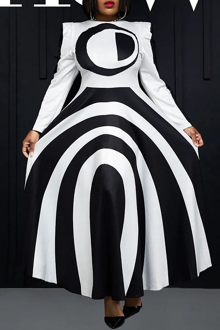 Plus Size Semi Formal Dress White Abstract Print Long Sleeve Maxi Dress 