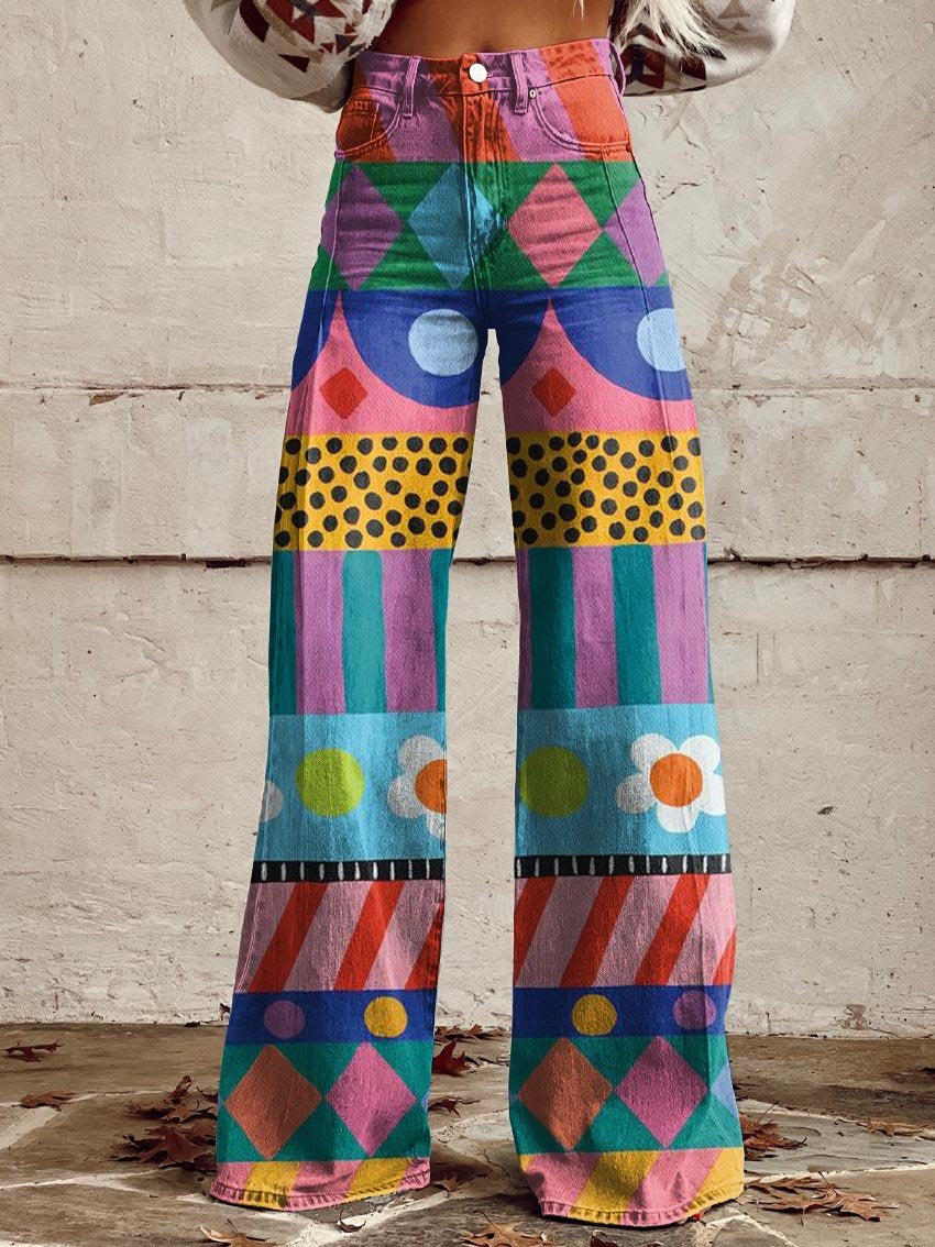 Women's Colorful Flower Geometric Pattern Print Casual Wide Leg Pants