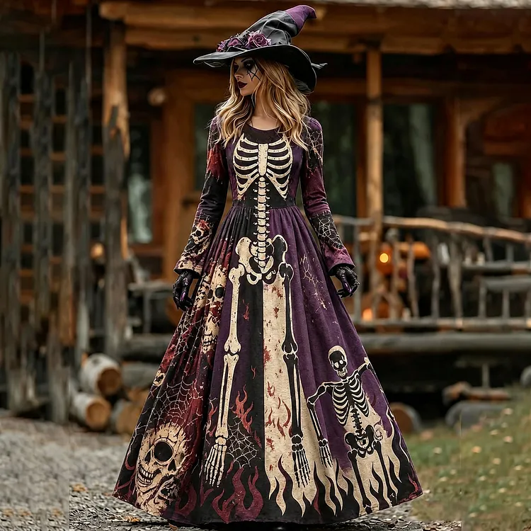 Women's Vintage Halloween Skeleton Print Crew Neck Long Sleeve Maxi Dress